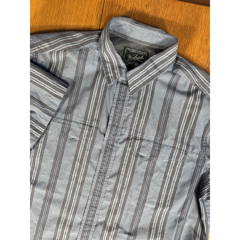 Woolrich Mens Shirt XL Outdoor Camping Hiking Short Sleeves Blue Striped Cotton